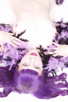 Purple Hair Girl In Striped Stockings Feather Boa