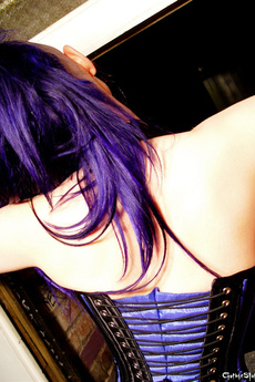 Purple Haired Goth Punk Girl In Corset Stockings