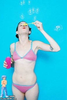 Bubble Blowing Tatted Teen Strips Off Pink Bikini