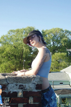 Hip Chick Strips And Spreads Wide On Rooftop
