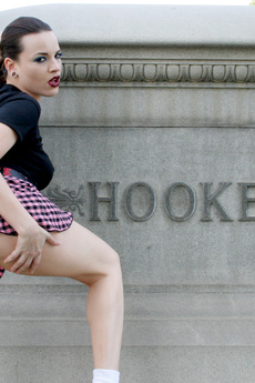 Perky Busty Alt Girl Plaid Skirt Cemetery Sneakers